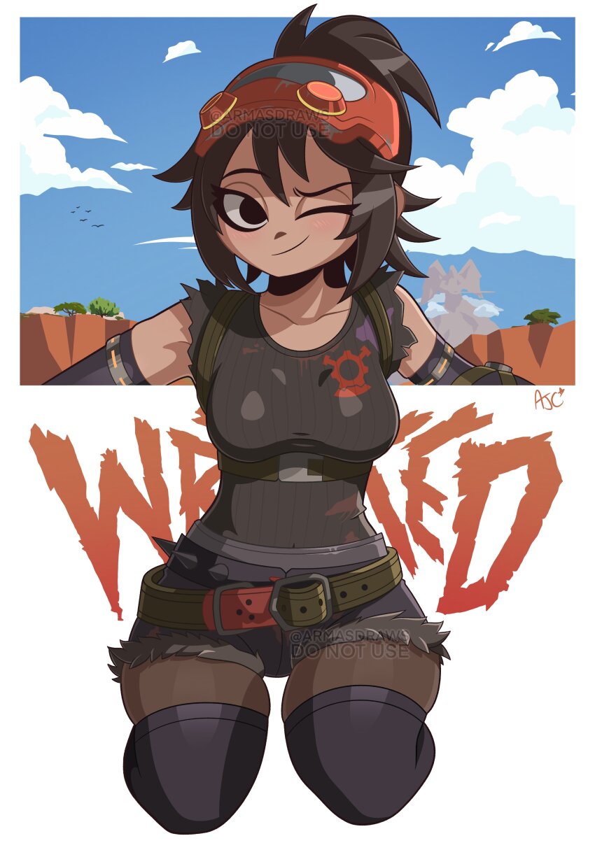 1girl, absurdres, armasdraws, black_eyes, black_gloves, black_pantyhose, black_shirt, black_shorts