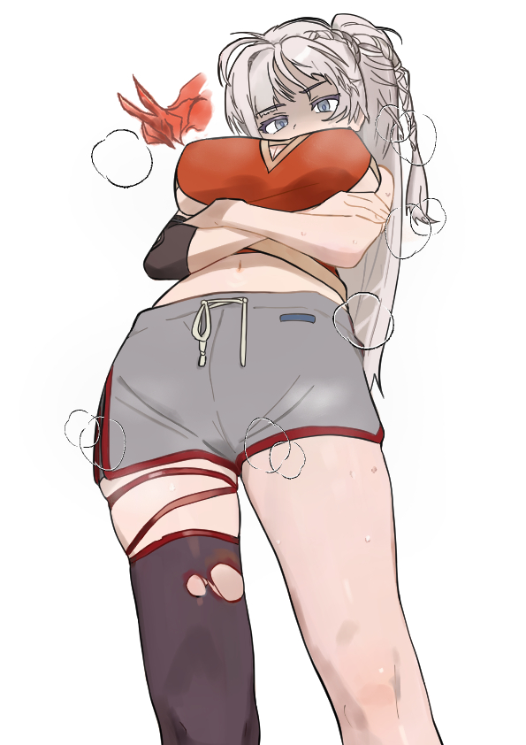 1girl, arms_under_breasts, black_leggings, blue_eyes, breasts, cleavage, covered_mouth, cowboy_shot, crossed_arms, d5y0m, dikke_(reverse:1999), dikke_(the_pointy_end_up)_(reverse:1999), disembodied_hand, dolphin_shorts, elbow_pads, from_below, grey_shorts, large_breasts, leggings, long_hair, looking_at_viewer, looking_down, midriff, navel, ponytail, red_tank_top, reverse:1999, shaded_face, shorts, simple_background, single_detached_legging, single_elbow_pad, skindentation, solo, standing, steaming_body, sweat, tank_top, torn_clothes, torn_leggings, v, white_background, white_hair