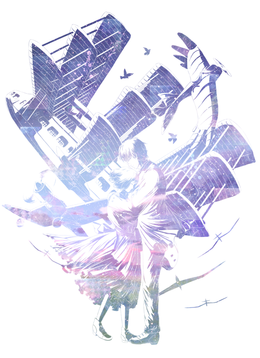 1boy, 1girl, aircraft, airplane, animal, bird, closed_mouth, commentary_request