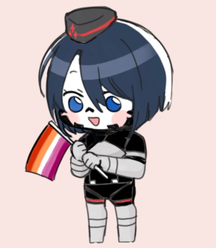 1girl, black_hair, blue_eyes, digitigrade, eule_(signalis), flag, garrison_cap, hat, highres, kiyosato_yuri, lesbian_flag, no_feet, short_hair, signalis, solo