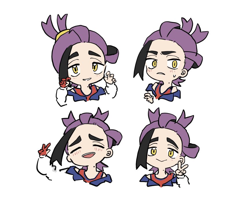 :>, absurdres, black_hair, blush, chibi, chiikawa_four_expressions_(meme), closed_eyes, gloves, hachiya_(silica_q), highres, jacket, kieran_(pokemon), long_sleeves, male_focus, meme, mole, mole_on_neck, multicolored_hair, multiple_views, nintendo, off_shoulder, pokemon, pokemon_scarlet_and_violet, purple_hair, red_gloves, red_tank_top, simple_background, single_glove, smile, sweat, tank_top, v, white_background, white_jacket, yellow_eyes