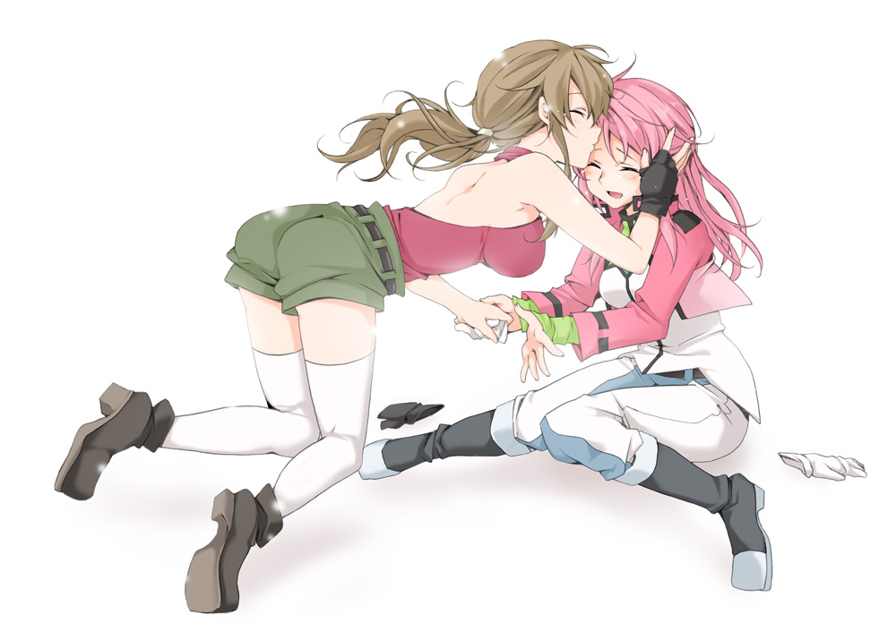 00s, 2girls, ass, asymmetrical_clothes, back, bad_id, bad_pixiv_id, bare_shoulders