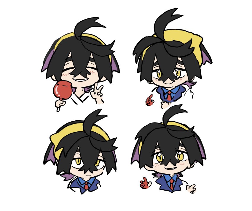 absurdres, black_hair, blush, candy_apple, chibi, chiikawa_four_expressions_(meme), closed_eyes, closed_mouth