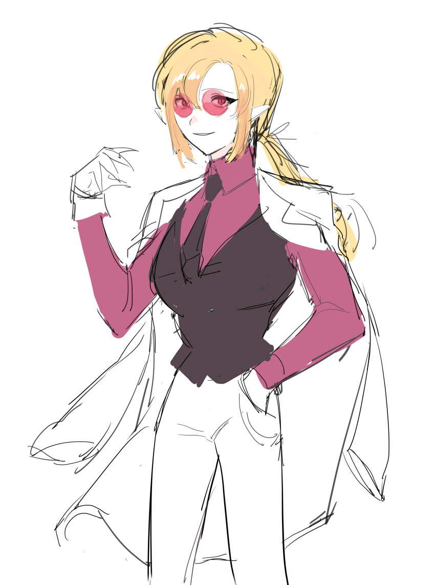 1girl, absurdres, alternate_costume, arisa_(shadowverse), blonde_hair, breasts, corruption, cosplay, cygames, dark_persona, elf, evil_smile, eyewear_on_head, glasses, gloves, hand_in_pocket, highres, iceschillendrig, iceschillendrig_(cosplay), jacket, jacket_on_shoulders, joke_(artist), long_hair, long_sleeves, looking_at_viewer, necktie, open_clothes, open_jacket, pants, pointy_ears, possessed, possession, red-framed_eyewear, red_eyes, round_eyewear, shadowverse, simple_background, sketch, smile, spoilers, white_background, white_pants