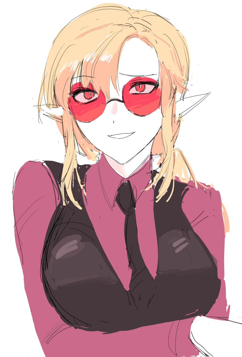 1girl, alternate_costume, arisa_(shadowverse), arm_under_breasts, blonde_hair, breasts, corruption, cosplay, cygames, dark_persona, elf, evil_smile, eyewear_on_head, glasses, highres, iceschillendrig, iceschillendrig_(cosplay), joke_(artist), long_hair, long_sleeves, looking_at_viewer, necktie, pointy_ears, possessed, possession, raised_eyebrows, red-framed_eyewear, red_eyes, round_eyewear, shadowverse, simple_background, sketch, smile, spoilers, white_background