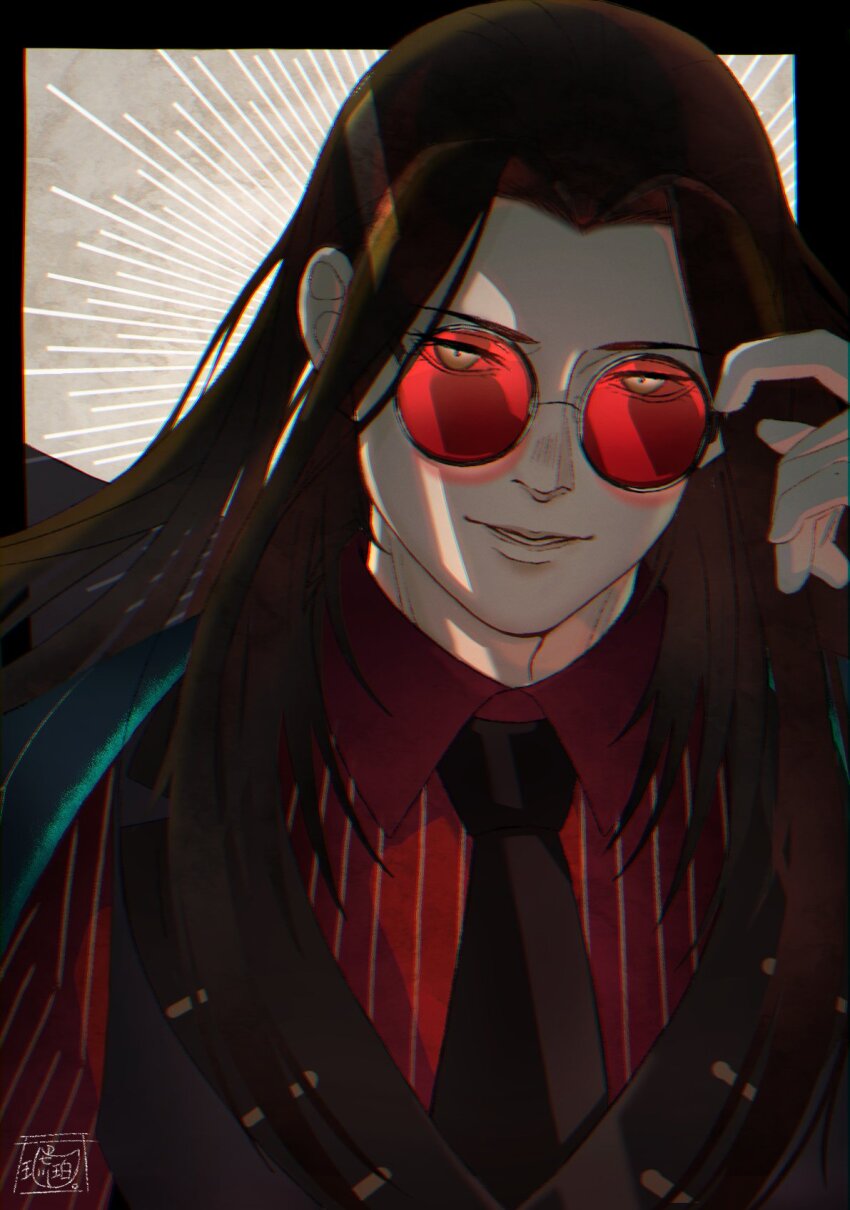 1boy, adjusting_eyewear, black_vest, brown_hair, cygames, eyewear_on_head, formal_clothes, glasses