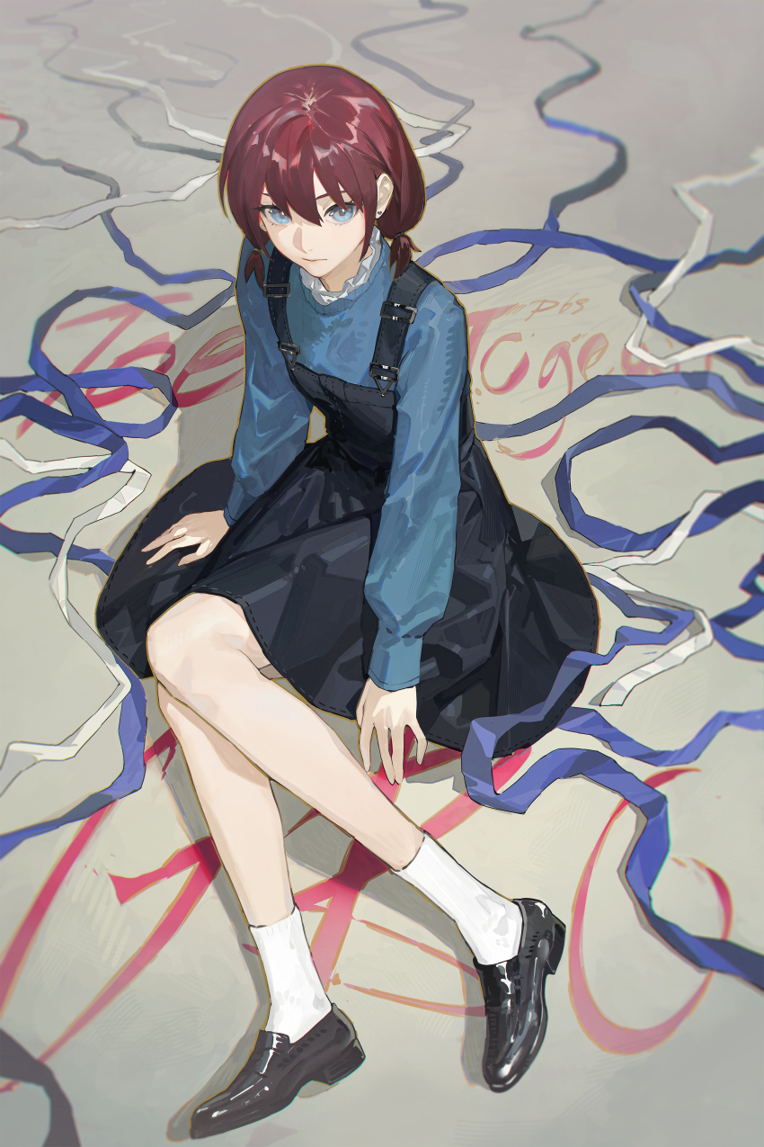 1girl, absurdres, blue_eyes, blue_sweater, brown_hair, collar, commentary, doveop