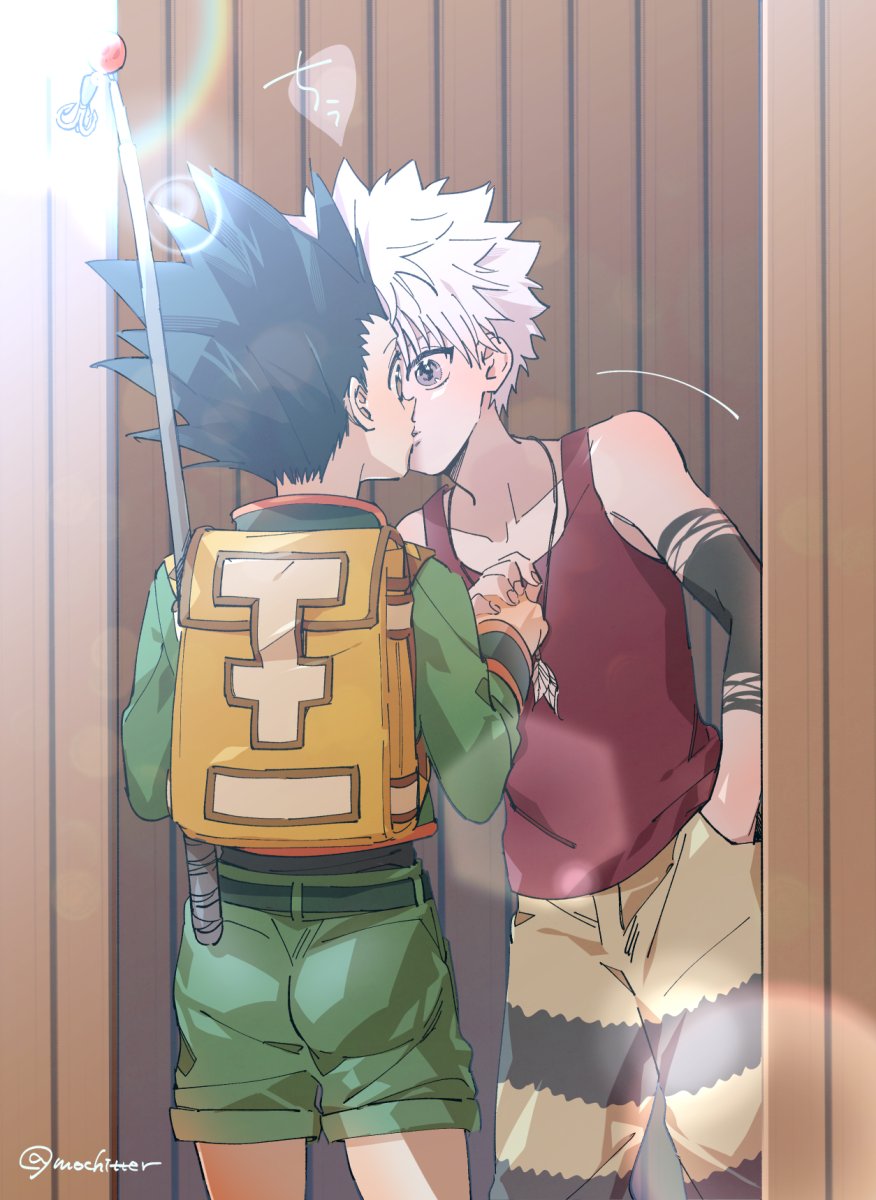 2boys, backpack, bag, bare_shoulders, commentary_request, cowboy_shot, eye_contact, gon_freecss, green_shorts, highres, holding_hands, hunter_x_hunter, killua_zoldyck, kiss, looking_at_another, looking_at_viewer, male_focus, mochizuki_akari, multiple_boys, shirt, short_hair, shorts, signature, sleeveless, spiked_hair, standing, tank_top, white_hair, yaoi