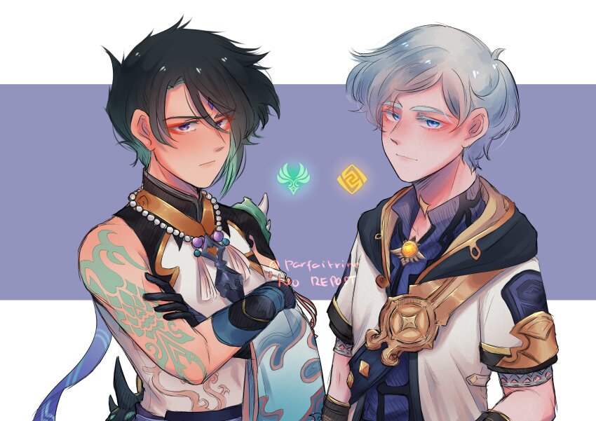 2boys, absurdres, albedo_(genshin_impact), albedo_(genshin_impact)_(cosplay), anemo_symbol_(genshin_impact), arm_tattoo, armor, bead_necklace