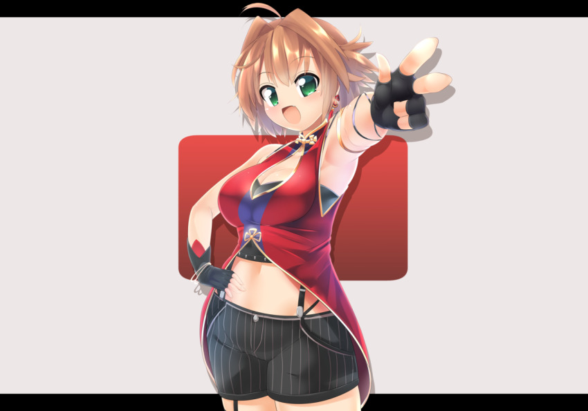 1girl, ahoge, black_gloves, black_shorts, black_tube_top, blush, breasts, brown_hair