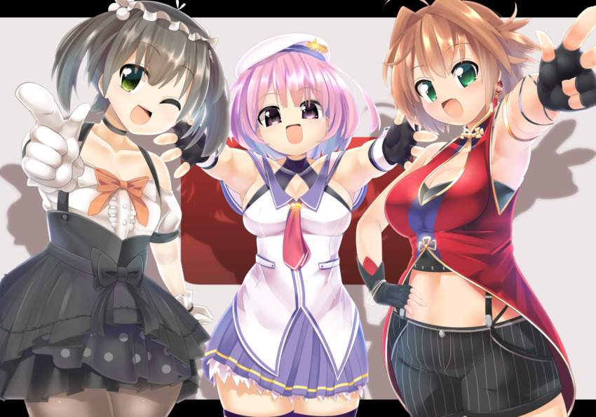 3girls, :d, ahoge, amaki_okome, black_bow, black_choker, black_gloves, black_hair