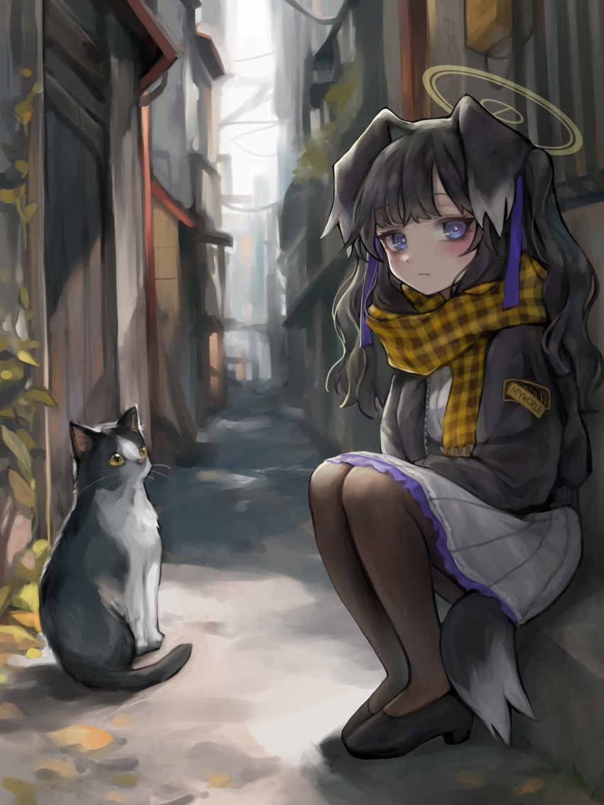 1girl, absurdres, animal, animal_ears, black_footwear, black_hair, black_jacket, blue_archive