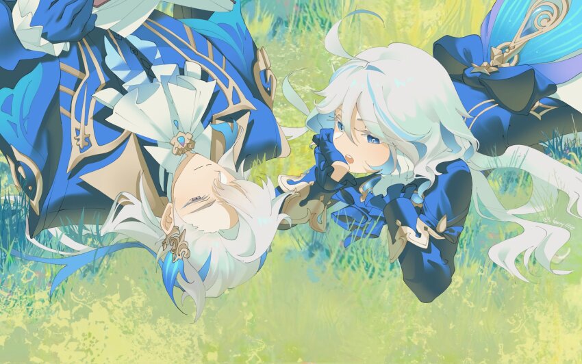 1boy, 1girl, ahoge, blue_eyes, blue_gloves, blue_hair, blue_ribbon, cheong1110, cowboy_shot, furina_(genshin_impact), genshin_impact, gloves, grass, hair_over_one_eye, highres, looking_at_another, multicolored_hair, neckerchief, neuvillette_(genshin_impact), on_ground, open_mouth, purple_eyes, ribbon, short_hair, streaked_hair, white_hair, white_neckerchief