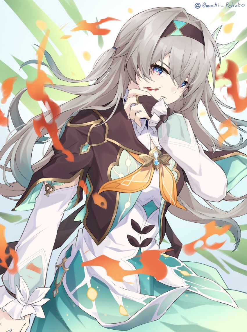 1girl, black_hairband, black_jacket, blood, blood_on_face, blood_stain, blue_pupils, bridal_gauntlets, chokop_(0mochi_pchoko), colored_tips, cropped_jacket, detached_sleeves, fire, firefly_(honkai:_star_rail), green_skirt, hairband, hand_up, highres, honkai:_star_rail, honkai_(series), jacket, light_brown_hair, looking_at_viewer, medium_hair, multicolored_hair, neckerchief, parted_lips, purple_eyes, shirt, single_bridal_gauntlet, skirt, solo, twitter_username, white_background, white_shirt, white_sleeves, yellow_neckerchief