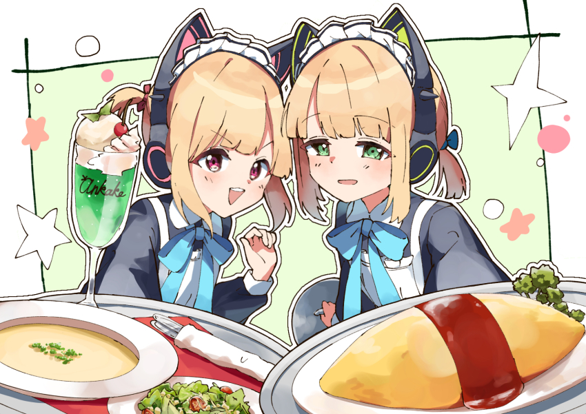 2girls, :d, animal_ear_headphones, animal_ears, ankaketomato, apron, black_dress, blonde_hair