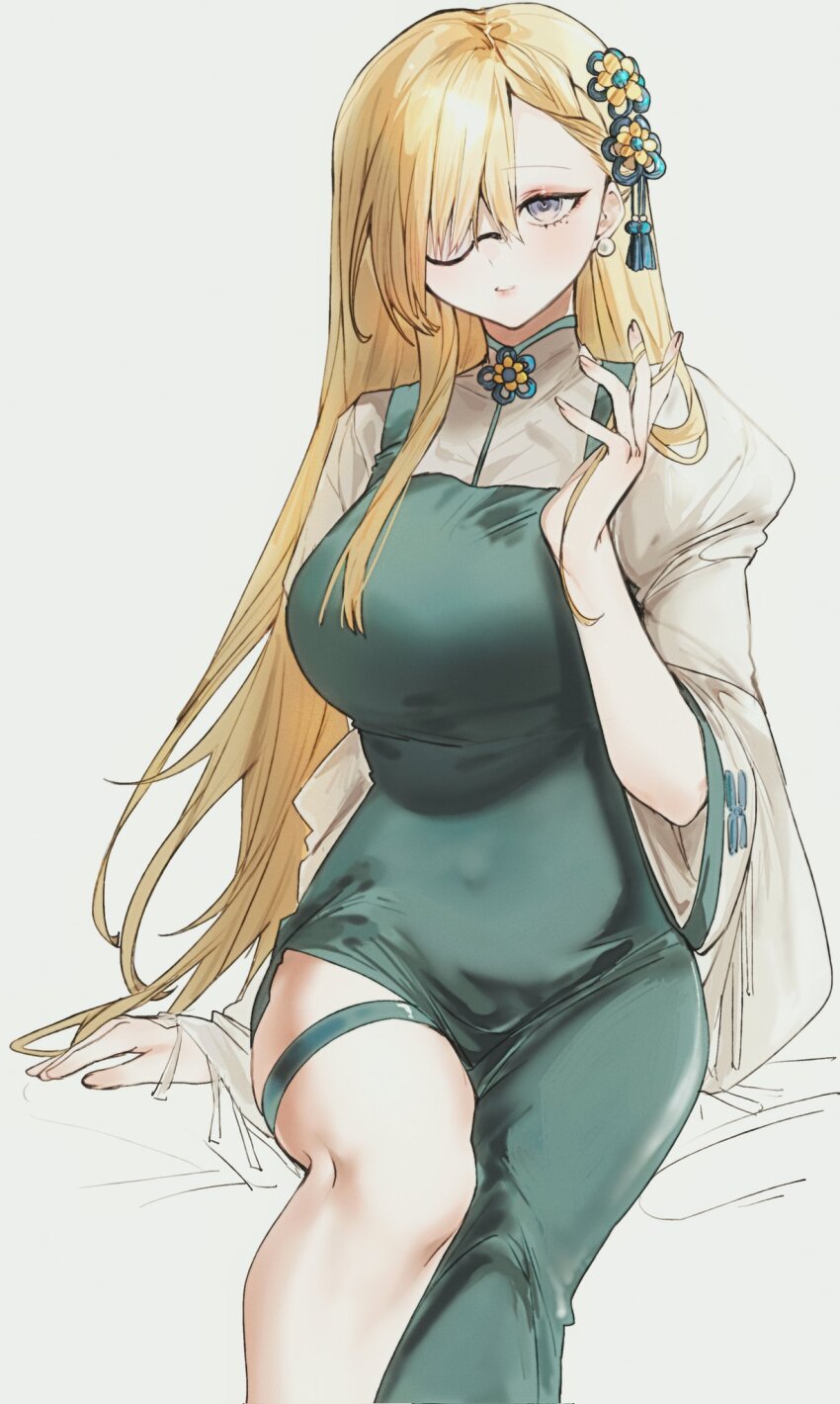 1girl, aqua_dress, arm_support, bisaytin, blonde_hair, breasts, china_dress, chinese_clothes