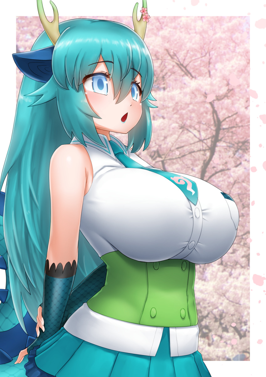 1girl, animal_ears, bare_shoulders, blue_dragon_(kemono_friends), blue_eyes, blue_hair, blush, breasts