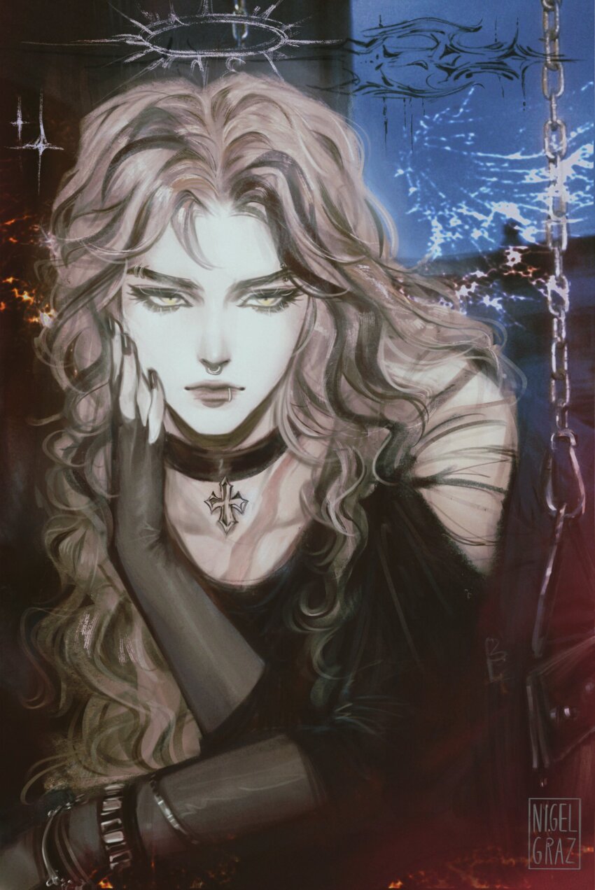 1girl, absurdres, alucard_(castlevania), black_choker, black_gloves, black_hair, black_nails, black_shirt, bracelet, castlevania_(series), chain, choker, commentary, cross, cross_choker, crossed_arms, english_commentary, expressionless, eyebrow_piercing, eyelashes, face_piercing, fingerless_gloves, genderswap, genderswap_(mtf), gloves, green_eyes, grey_hair, halo, hand_on_own_cheek, hand_on_own_face, highres, jewelry, lip_piercing, long_hair, meat_hook, multicolored_hair, nigelgraz, nose_piercing, off-shoulder_shirt, off_shoulder, piercing, shirt, signature, slit_pupils, solo, sparkle, streaked_hair, upper_body, wavy_hair, white_halo