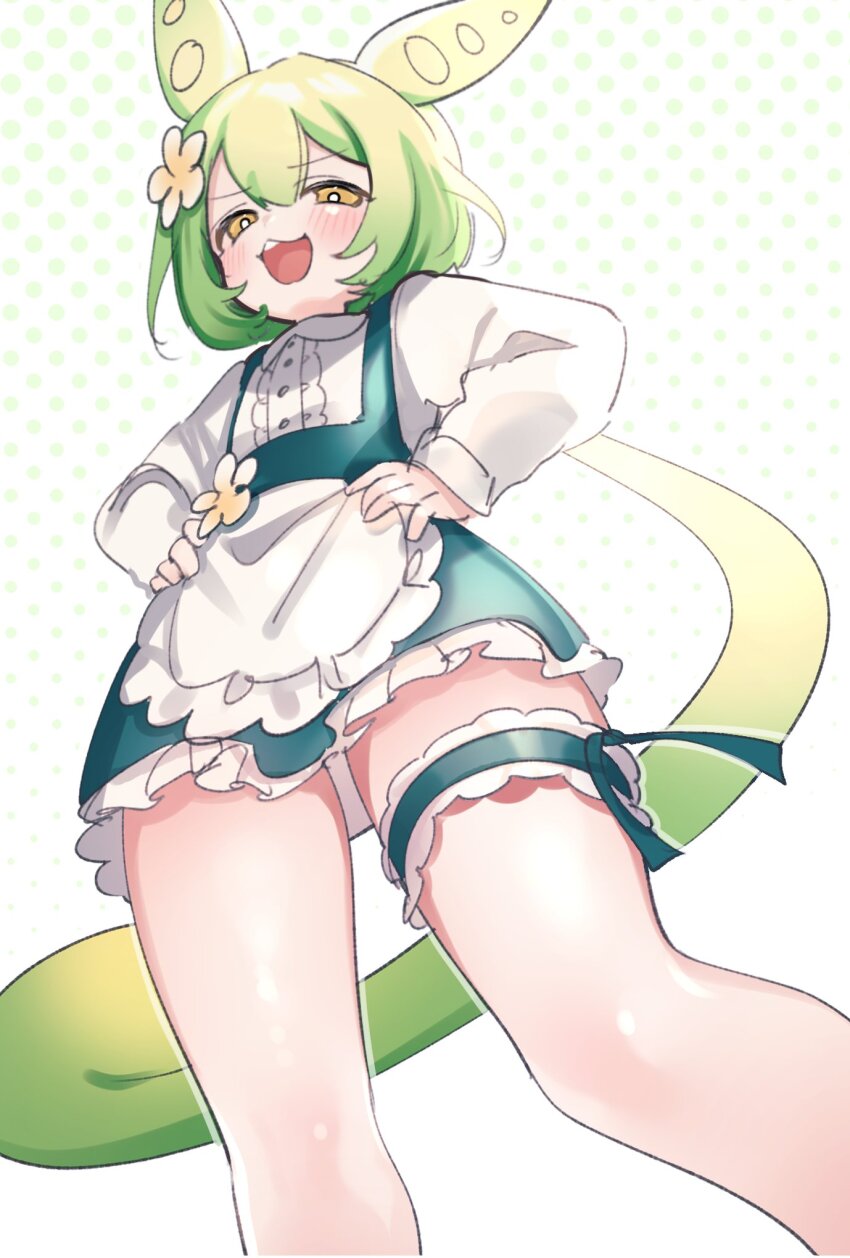 1girl, alternate_costume, apron, buck_teeth, dress, edamame, enmaided, feet_out_of_frame, flower, frilled_apron, frilled_dress, frills, from_below, green_hair, hair_between_eyes, hair_flower, hair_ornament, halftone, halftone_background, hands_on_own_hips, highres, long_hair, long_sleeves, maid, maid_apron, medaka_h2, miniskirt, narrowed_eyes, panties, pantyshot, shiny_skin, skirt, smile, smug, solo, standing, teeth, thigh_strap, thighs, underwear, upskirt, very_long_hair, voiceroid, voicevox, waitress_zundamon, white_background, white_panties, yellow_eyes, zundamon