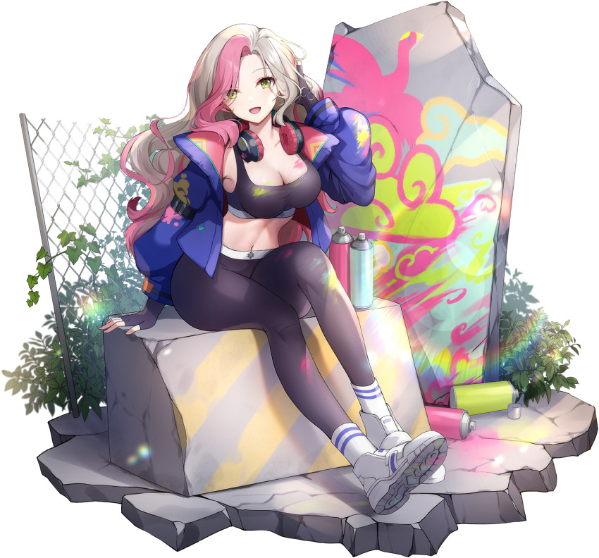 1girl, :d, asymmetrical_bangs, bare_shoulders, black_gloves, black_sports_bra, blue_jacket, breasts