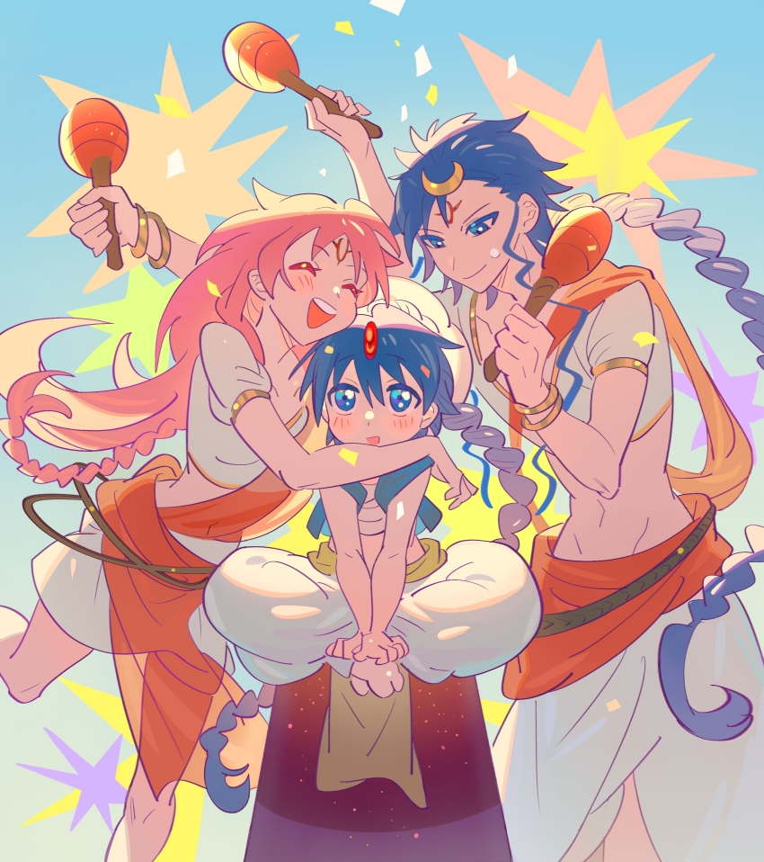 1girl, 2boys, absurdres, aladdin_(magi), arabian_clothes, baggy_pants, blue_eyes, blue_hair, blush, braid, closed_eyes, family, father_and_child, father_and_son, fieeeeee, forehead_jewel, hair_ornament, highres, hug, husband_and_wife, long_hair, magi_the_labyrinth_of_magic, midriff, mother_and_child, mother_and_son, multiple_boys, open_mouth, pants, parent_and_child, pink_hair, sheba_(magi), single_braid, smile, solomon_jehoahaz_abraham, turban