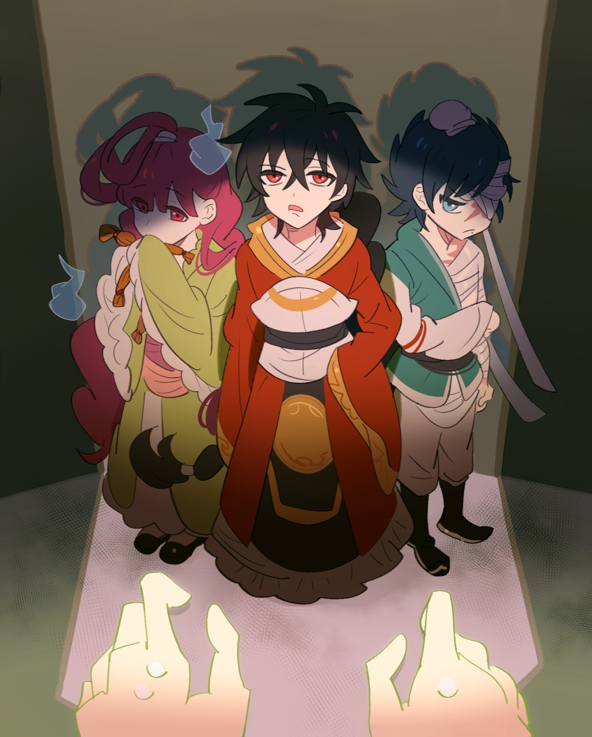 1girl, 2boys, aged_down, bandage_over_one_eye, bandaged_head, bandages, black_hair, blue_eyes, blue_hair, braid, child, chinese_clothes, cousins, fieeeeee, hair_rings, hanfu, highres, judal, long_hair, looking_at_viewer, magi_the_labyrinth_of_magic, multiple_boys, out_of_frame, red_eyes, red_hair, ren_hakuryuu, ren_kougyoku, scar, short_hair, single_braid, sweat