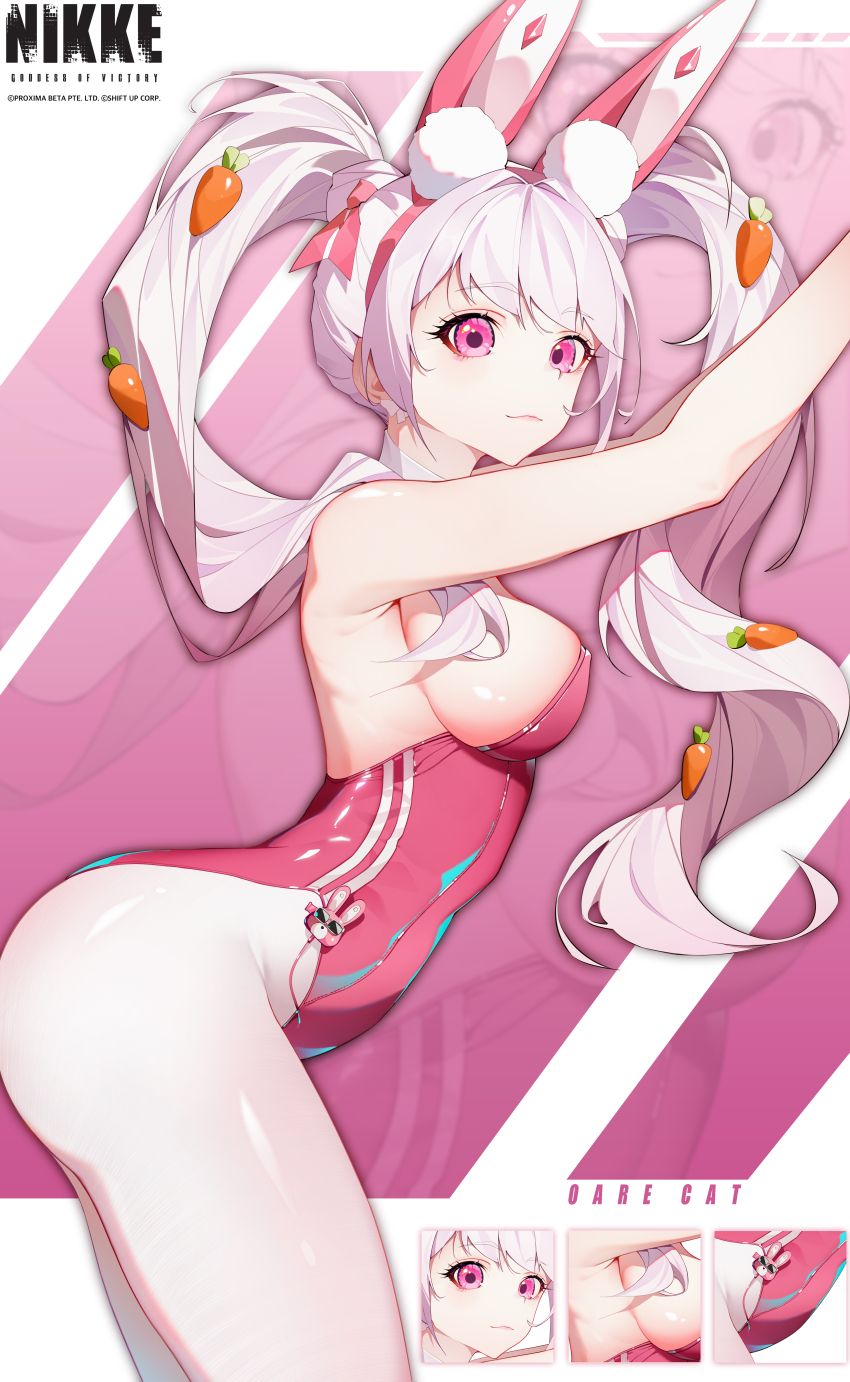 1girl, absurdres, alice_(nikke), alice_(wonderland_bunny)_(nikke), animal_ears, breasts, carrot_hair_ornament, chinese_commentary, commentary_request, copyright_name, cowboy_shot, detached_collar, food-themed_hair_ornament, goddess_of_victory:_nikke, grey_hair, hair_ornament, highres, large_breasts, leotard, long_hair, looking_at_viewer, oare_cat, pantyhose, pink_eyes, pink_leotard, playboy_bunny, rabbit_ears, solo, strapless, strapless_leotard, twintails, white_pantyhose, wrist_cuffs
