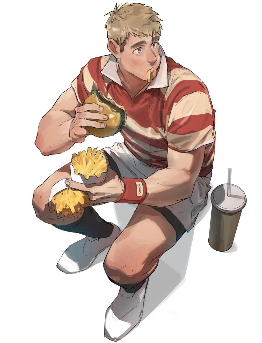 1boy, artbyshinji, black_socks, blonde_hair, burger, collared_shirt, dungeon_meshi, food