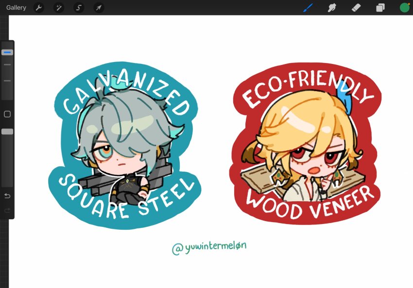 2boys, ahoge, alhaitham_(genshin_impact), aqua_hair, art_program_in_frame, blonde_hair, blue_eyes, chibi