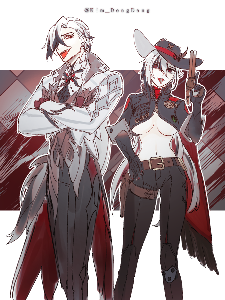 1boy, 1girl, arlecchino_(genshin_impact), arlecchino_(genshin_impact)_(cosplay), artist_name, belt, black_eyes, black_hair, black_hands, black_skin, boothill_(honkai:_star_rail), boothill_(honkai:_star_rail)_(cosplay), breasts, bullet_in_mouth, cape, coat, collared_jacket, colored_extremities, colored_skin, company_connection, cosplay, costume_switch, cowboy_hat, cropped_jacket, crossed_arms, crossover, earrings, feet_out_of_frame, fingernails, genshin_impact, gloves, grey_hair, gun, hair_between_eyes, hair_over_one_eye, hand_up, handgun, hat, hat_feather, high_collar, highres, holding, holding_gun, holding_weapon, honkai:_star_rail, honkai_(series), jacket, jewelry, kim_dongdang, korean_commentary, large_breasts, legs_apart, legs_together, long_hair, long_sleeves, looking_at_viewer, midriff, mihoyo, mole, mole_under_eye, mouth_hold, multicolored_hair, multicolored_skin, multiple_moles, navel, open_mouth, pale_skin, pants, partially_unzipped, red_hair, red_nails, red_pupils, revolver, sharp_teeth, short_hair, smile, standing, stomach, stud_earrings, symbol-shaped_pupils, teeth, tongue, tongue_out, twitter_username, underboob, upper_teeth_only, very_long_hair, weapon, x-shaped_pupils, zipper, zipper_pull_tab