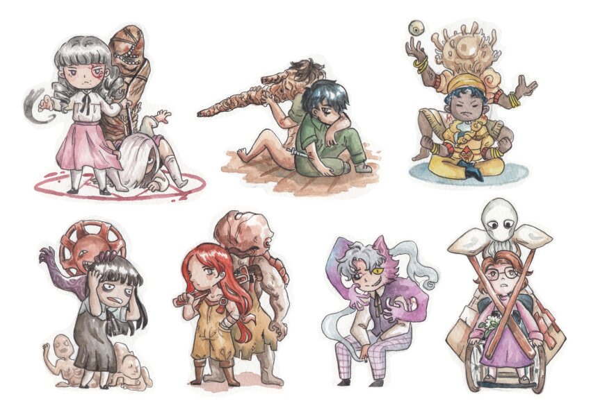 3boys, 4girls, abella_(fear_&amp;_hunger), absurdres, african_clothes, back-to-back, bags_under_eyes, bangle, black_dress, black_footwear, black_hair, black_ribbon, blunt_bangs, boots, bracelet, chaugnar_(fear_&amp;_hunger), closed_eyes, clutching_head, cocoon_(fear_&amp;_hunger), commentary, daan_(fear_&amp;_hunger), dark-skinned_male, dark_skin, deformed, disembodied_eye, dress, drill_hair, dysmorphia_(fear_&amp;_hunger), extra_teeth, face_piercing, facial_hair, facial_tattoo, fear_&amp;_hunger, fear_&amp;_hunger_(series), fear_&amp;_hunger_2:_termina, floating_hair, frilled_shirt_collar, frills, glasses, green_jumpsuit, grey_hair, hair_over_one_eye, hand_in_pocket, hat, highres, holding, holding_wrench, indian_style, invisible_chair, jewelry, jumpsuit, knee_up, levi_(fear_&amp;_hunger), lineup, long_skirt, long_sleeves, looking_at_viewer, marina_(fear_&amp;_hunger), mastermind_(fear_&amp;_hunger), mechanical_dance_(fear_&amp;_hunger), meditation, monsterification, mouth_piercing, multiple_boys, multiple_girls, muscular, mustache, neck_ribbon, o'saa_(fear_&amp;_hunger), olivia_(fear_&amp;_hunger), outstretched_arms, over_shoulder, overalls, painting_(medium), pants, piercing, pink_skirt, plaid_clothes, plaid_pants, pocketcat_(fear_&amp;_hunger), purple_dress, purple_vest, red_hair, ribbon, samarie_(fear_&amp;_hunger), shirt, short_hair, sideways_glance, simple_background, sitting, skirt, socks, standing, syaolaurant95, syringe, tattoo, traditional_media, twin_drills, vest, watercolor_(medium), weeping_scope_(fear_&amp;_hunger), wheelchair, white_background, white_hair, white_shirt, white_socks, wrench, yellow_hat, yellow_overalls