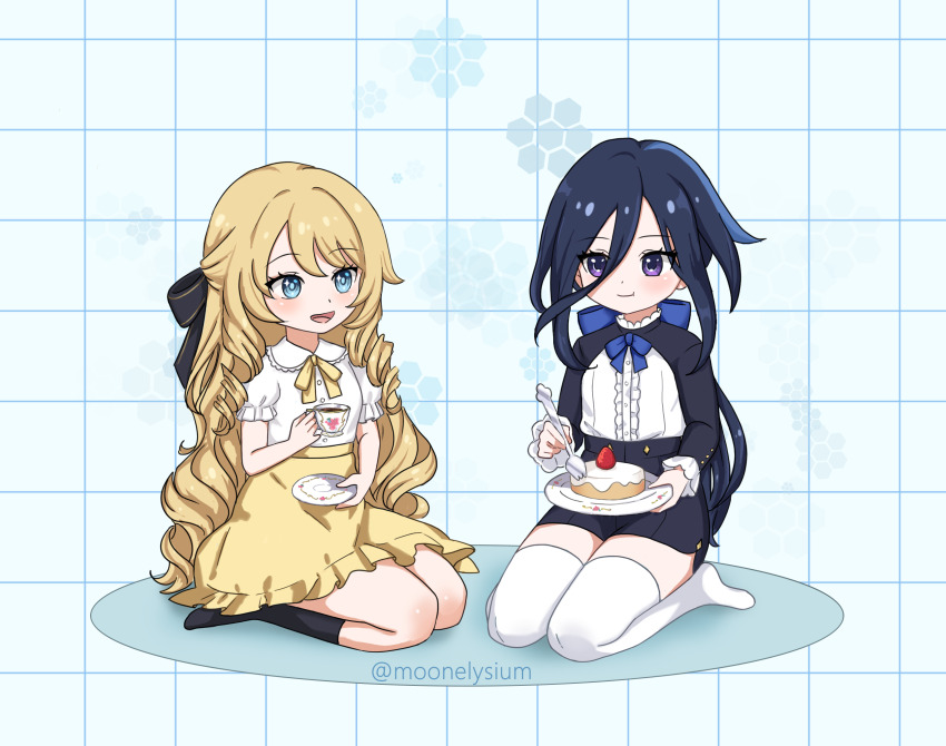 2girls, :d, :t, aged_down, artemis_(moonelysium), black_socks, blonde_hair, blue_eyes