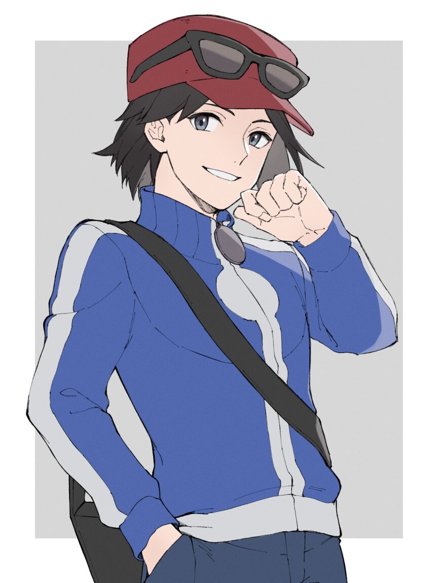 1boy, bag, black_bag, black_hair, blue_jacket, border, calem_(pokemon), commentary_request