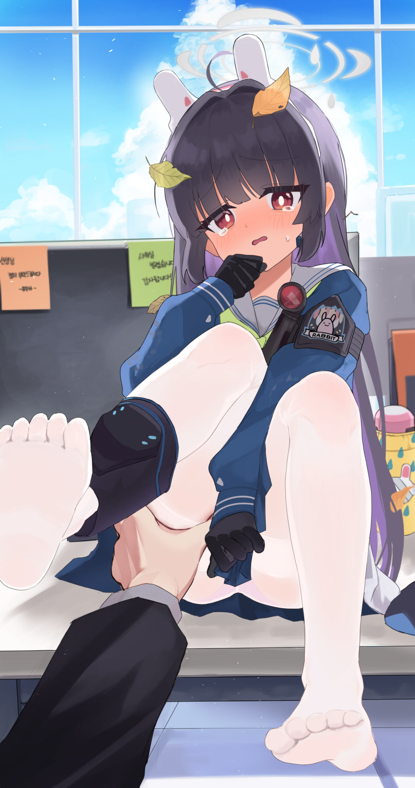 1girl, 1other, absurdres, animal_ears, arata_haru, black_gloves, black_hair, blue_archive