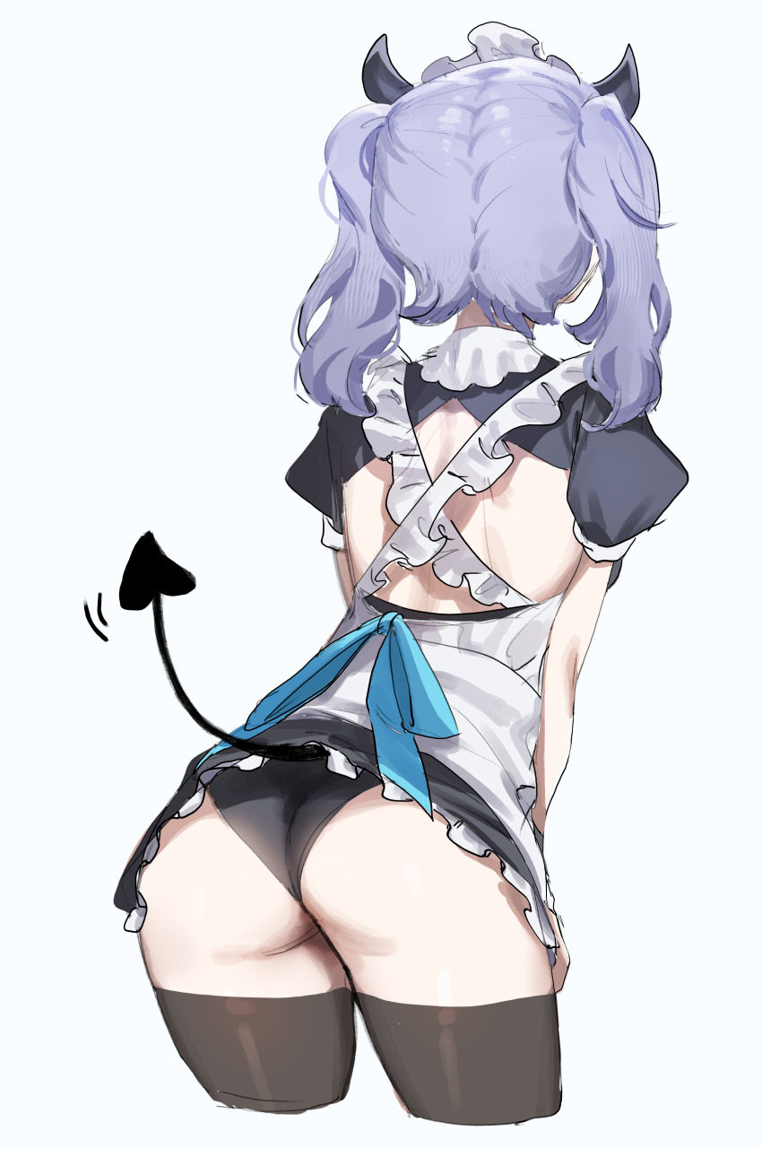 1girl, absurdres, ass, black_panties, black_thighhighs, blue_hair, clothes_lift, cowboy_shot, cropped_legs, demon_horns, demon_tail, from_behind, girls'_frontline, girls'_frontline_neural_cloud, highres, horns, lifted_by_tail, maid, maid_headdress, official_alternate_costume, panties, ribu_(rv), solo, tail, thighhighs, twintails, underwear, undine_(clumsy_band's_maid_service)_(neural_cloud), undine_(neural_cloud), wedgie