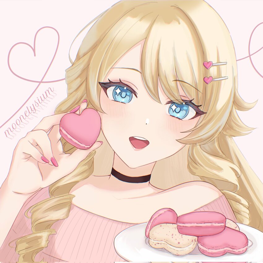 1girl, alternate_costume, artemis_(moonelysium), bare_shoulders, black_choker, blonde_hair, blue_eyes, blush, choker, drill_hair, drill_sidelocks, food, genshin_impact, hair_ornament, hairclip, hand_up, heart, heart_of_string, highres, holding, holding_food, long_hair, looking_at_viewer, macaron, nail_polish, navia_(genshin_impact), missing_headwear, off-shoulder_sweater, off_shoulder, open_mouth, pink_background, pink_nails, pink_sweater, portrait, sidelocks, simple_background, solo, sweater