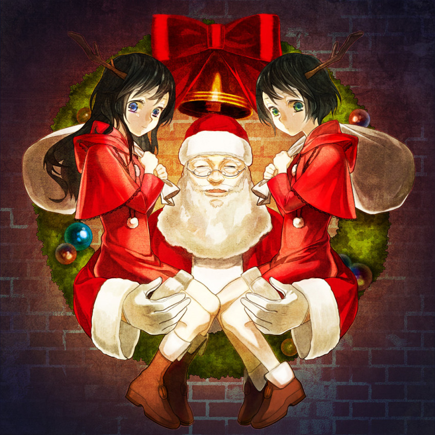 2girls, black_hair, blue_eyes, boots, christmas, green_eyes, hat, long_hair
