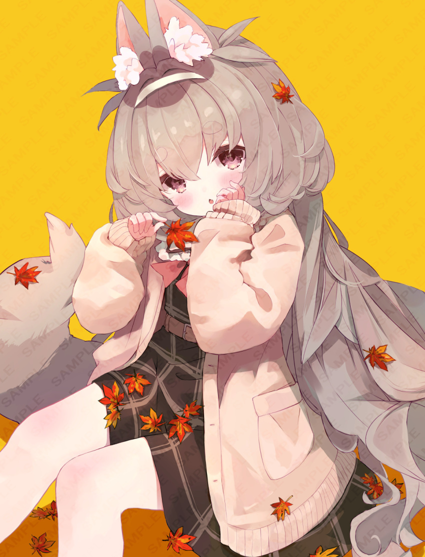 1girl, :o, animal_ear_fluff, animal_ears, autumn_leaves, belt, black_dress, blush