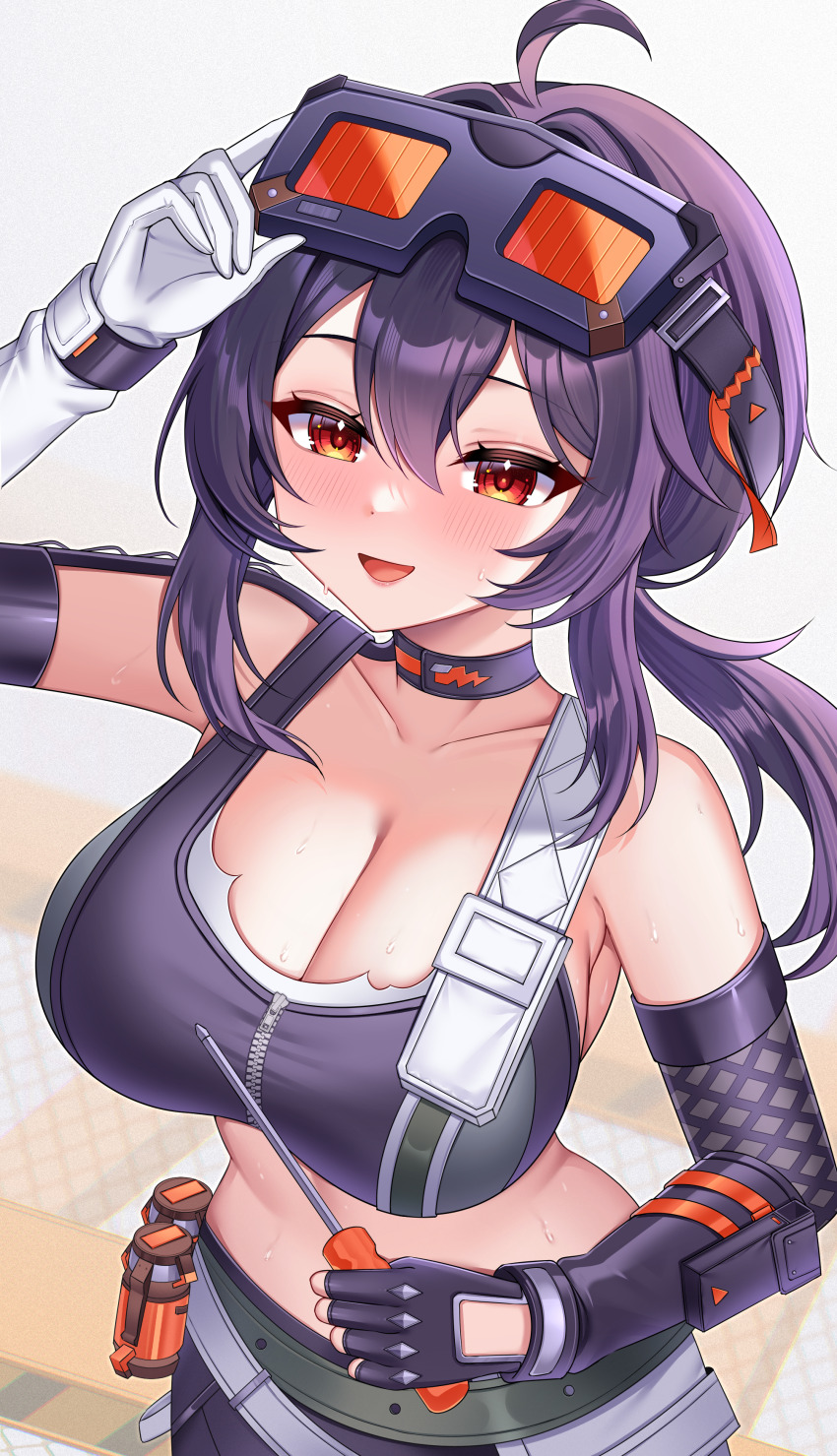 1girl, :d, absurdres, ahoge, arm_up, asymmetrical_gloves, belt, black_choker