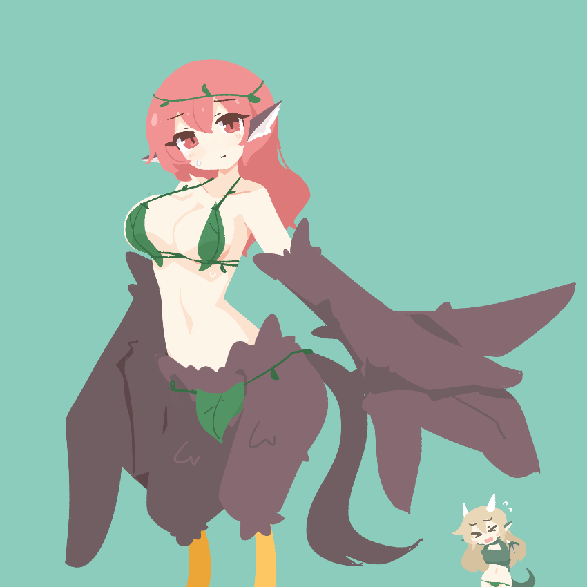 2girls, animal_ears, big_o_pants, bird_ears, bird_legs, black_feathers, black_wings, blush, breasts, cleavage, commentary_request, emilia_(big_o_pants), feather_fingers, feathers, fio-chan_(big_o_pants), green_background, hair_between_eyes, harpy, large_breasts, leaf_clothing, long_hair, looking_at_viewer, monster_girl, multiple_girls, original, plant, red_eyes, red_hair, simple_background, sweatdrop, vines, winged_arms, wings