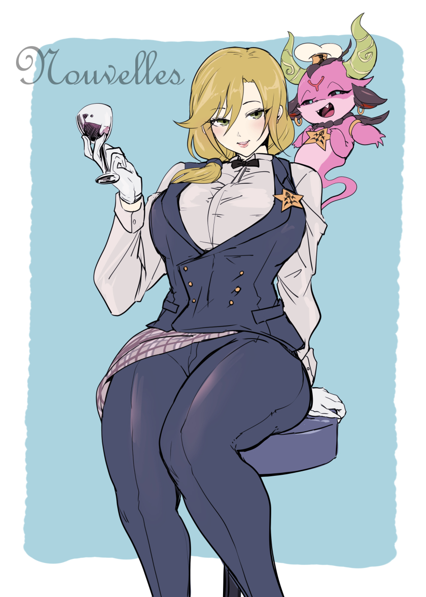 1girl, absurdres, alternate_costume, black_pants, black_vest, blonde_hair, blue_eyes, breasts, buerillabaisse_de_nouvelles, chef_hat, collared_shirt, comic_hand, duel_monster, gloves, hat, highres, holding, horns, large_breasts, long_hair, long_sleeves, open_mouth, pants, poissoniere_de_nouvelles, shirt, side_ponytail, smile, vest, white_gloves, white_shirt, wings, yellow_eyes, yu-gi-oh!