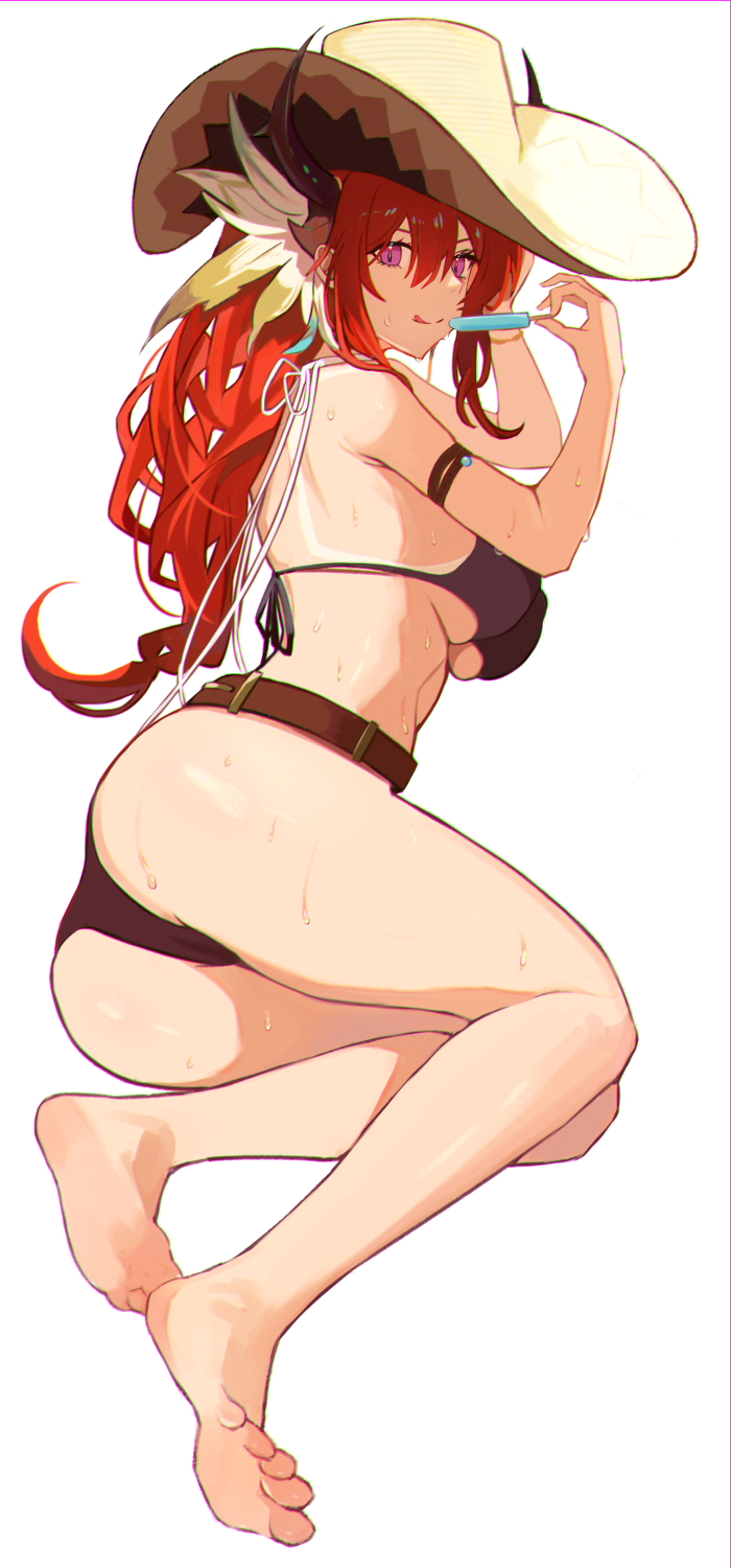 arknights, ass, bare_legs, barefoot, bikini, black_bikini, breasts, food