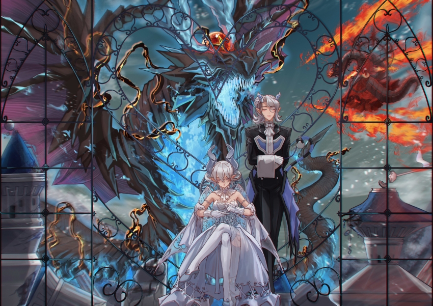 3girls, absurdres, arias_the_labrynth_butler, battle, blue_fire, building, crossed_legs, cup