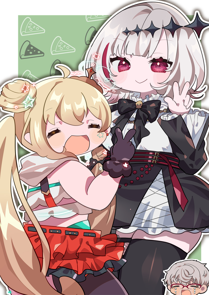 2girls, black_skirt, blonde_hair, crosshair, crosshair_pupils, dtto., food, highres