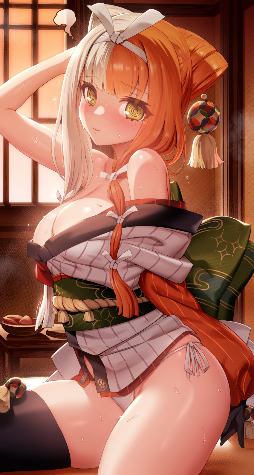 1girl, absurdres, black_thighhighs, breasts, cleavage, close-up, fate/grand_order, fate_(series), hair_ornament, highres, izumo_no_okuni_(fate), izumo_no_okuni_(first_ascension)_(fate), japanese_clothes, kimono, long_hair, long_sleeves, lower_body, m-da_s-tarou, medium_breasts, multicolored_hair, obi, off_shoulder, panties, rope_belt, sash, short_kimono, side-tie_panties, solo, sphere_hair_ornament, sweat, thighhighs, thighs, underwear, white_panties
