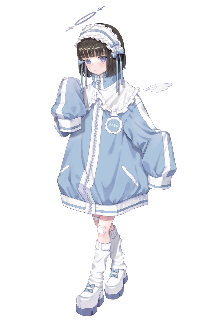 1girl, angel_wings, bandaid, bandaid_on_knee, bandaid_on_leg, black_hair, blue_bow, blue_eyes