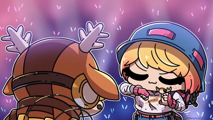 :3, animal_costume, apex_legends, belt, blonde_hair, blue_hat, blue_shorts, bucket_hat, chibi, clenched_hand, colored_tips, dasher_octane, fake_antlers, fingerless_gloves, gloves, hat, highres, hood, hood_down, hoodie, miyan_(oceanmaiden), multicolored_hair, nessie_(respawn), octane_(apex_legends), official_alternate_costume, pink_belt, pink_gloves, pink_hair, reindeer_costume, shikairo_days_dance_(meme), shikanoko_nokonoko_koshitantan, short_hair, shorts, smile, static_trainers_wattson, streetwear, v-shaped_eyebrows, wattson_(apex_legends), white_hoodie