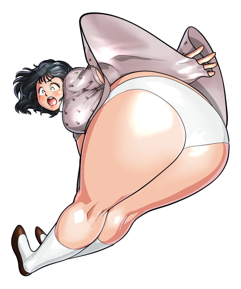 1girl, ass, bent_over, black_hair, blush, born_ug2, clothes_lift, dress, dress., dress_lift, huge_ass, open_mouth, panties, shocked_pupils, slippers, socks, thick_thighs, thighs, underwear