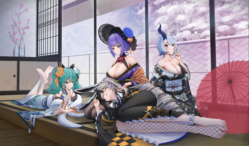 4girls, absurdres, animal_ears, beam_(echocalypse), black_hair, black_hat, black_kimono, blue_eyes