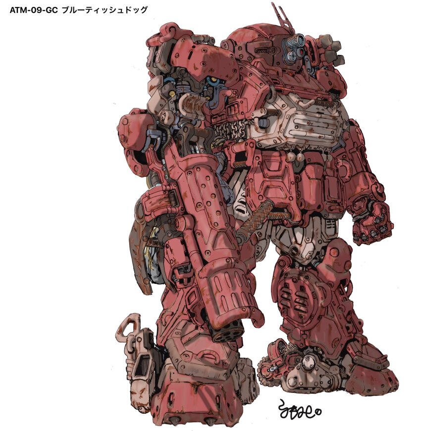 alternate_color, chain, clenched_hand, gatling_gun, highres, lens_eye, mecha, mecha_focus